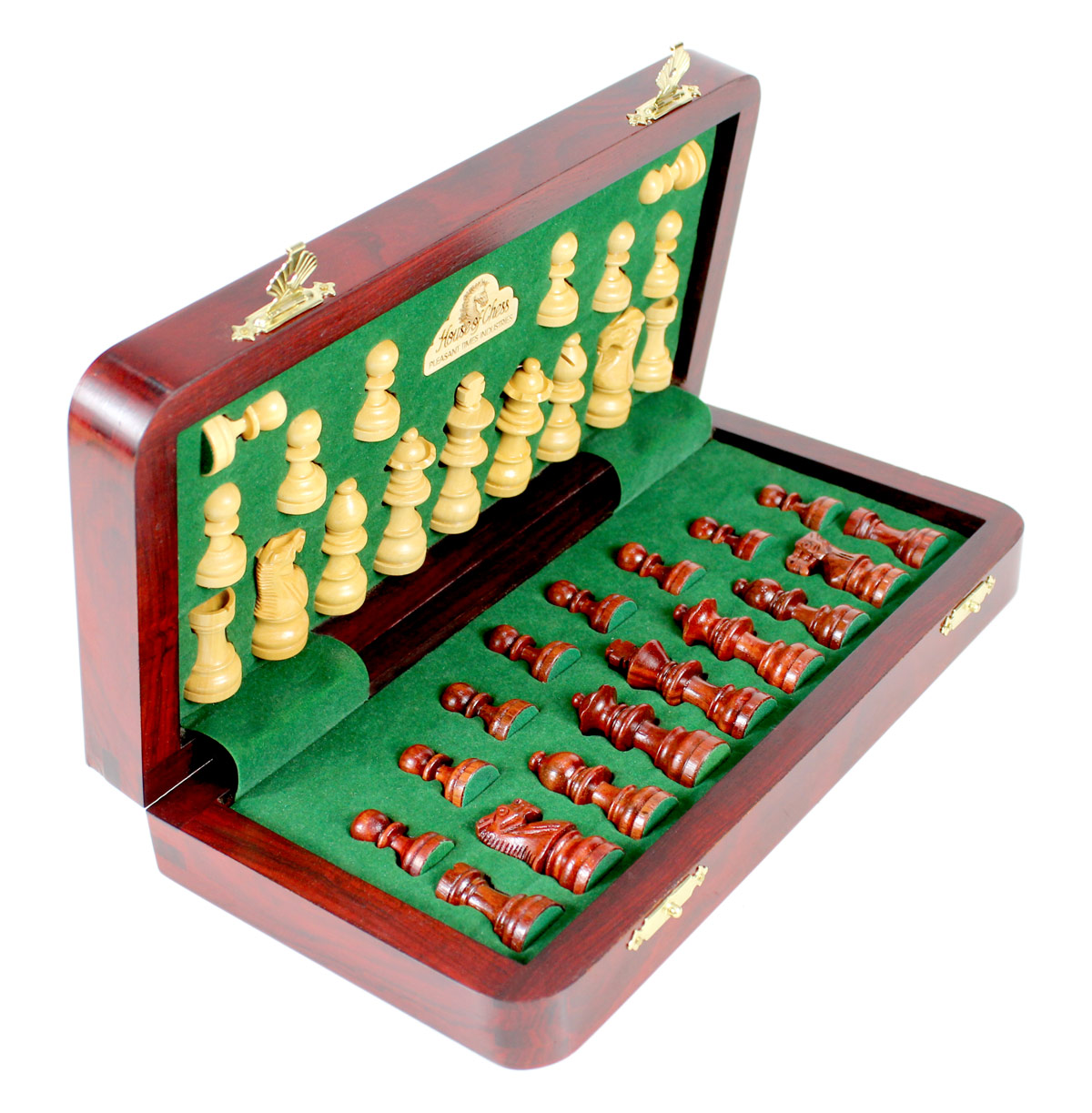 Chess pieces fitted in special inserts made according to the shape of the chess pieces.